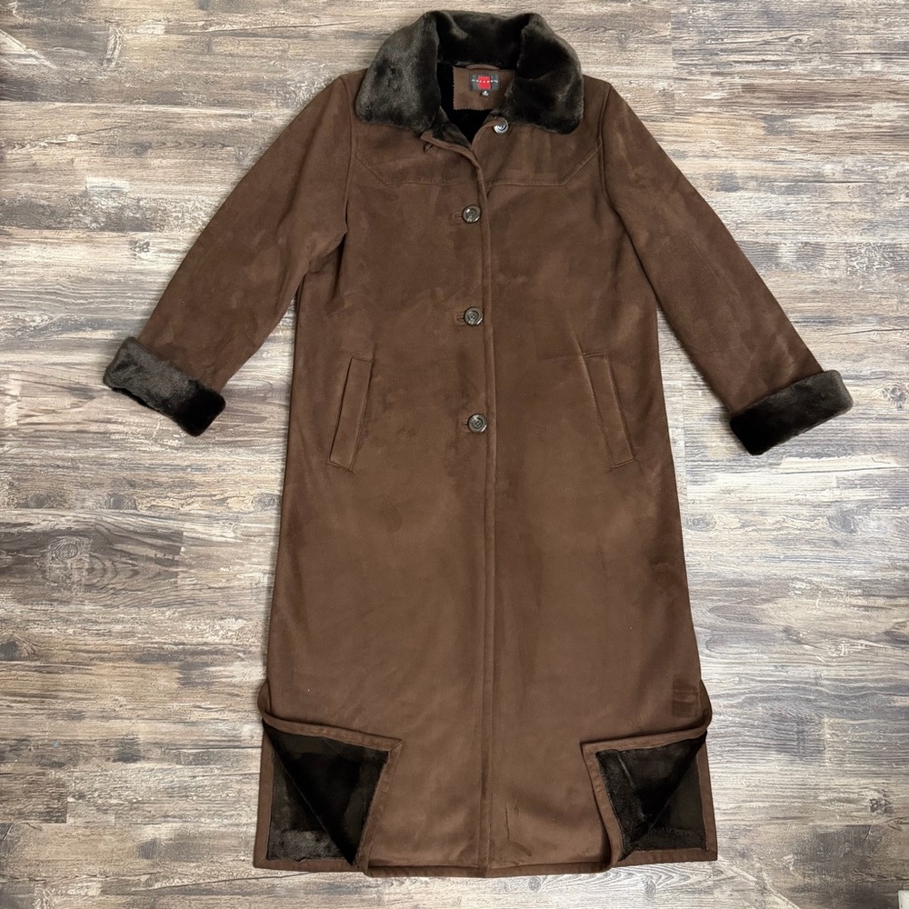 Gallery Women’s Brown Suede-Like Faux-Shearling Long Coat Faux-Fur Overcoat Sz M